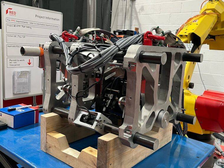 The assembled pipe alignment and welding tool at RED Engineering