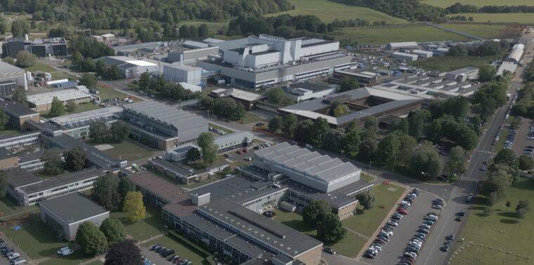 Arial view of Culham Campus showing its facilities and buildings, with trees and fields surrounding it.