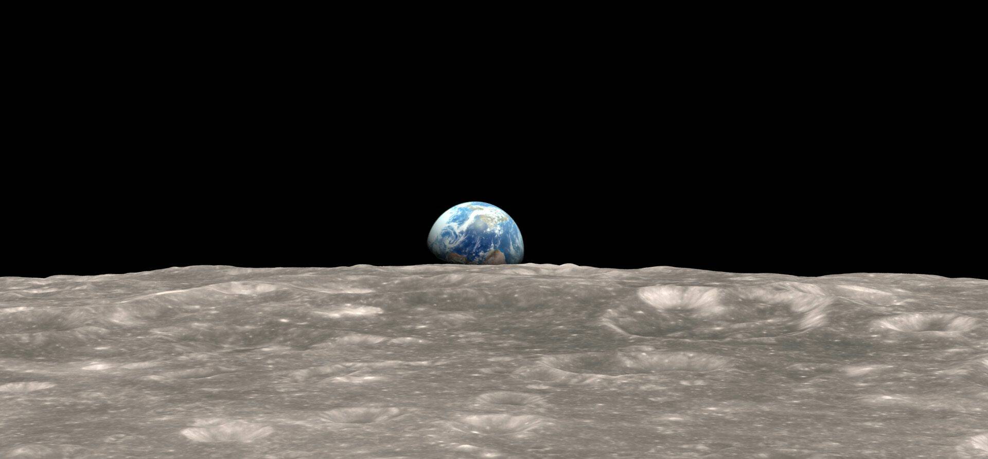 Foto van Earth Rise waar de astronauten van de Apollo de aarde zien opkomen achter de maan op het moment dat ze de maan omcirkelen.
