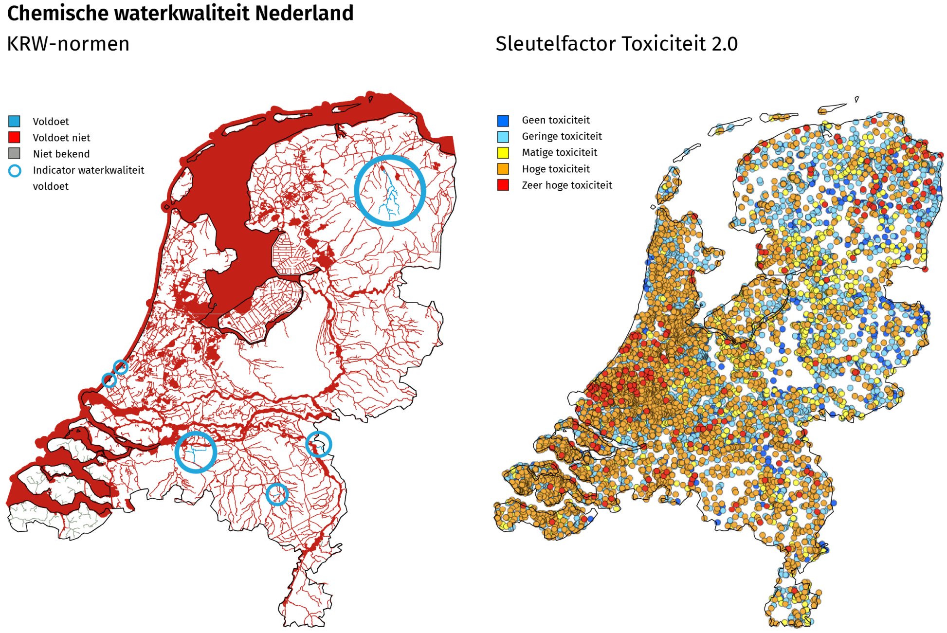 Twee kaarten vande chemische waterkwaliteit van Nederland. Links de kwaliteit volgens de KRW, rechts de kwaliteit volgens Sleutelfactor Toxiciteit
