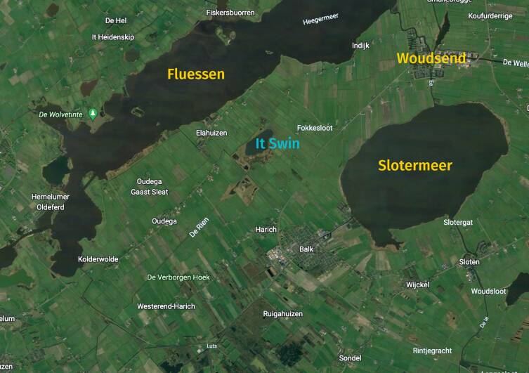 Overzichtkaart van het pilotgebied 'it Swin' tussen de Fluessen en het Slotermeer in Friesland.