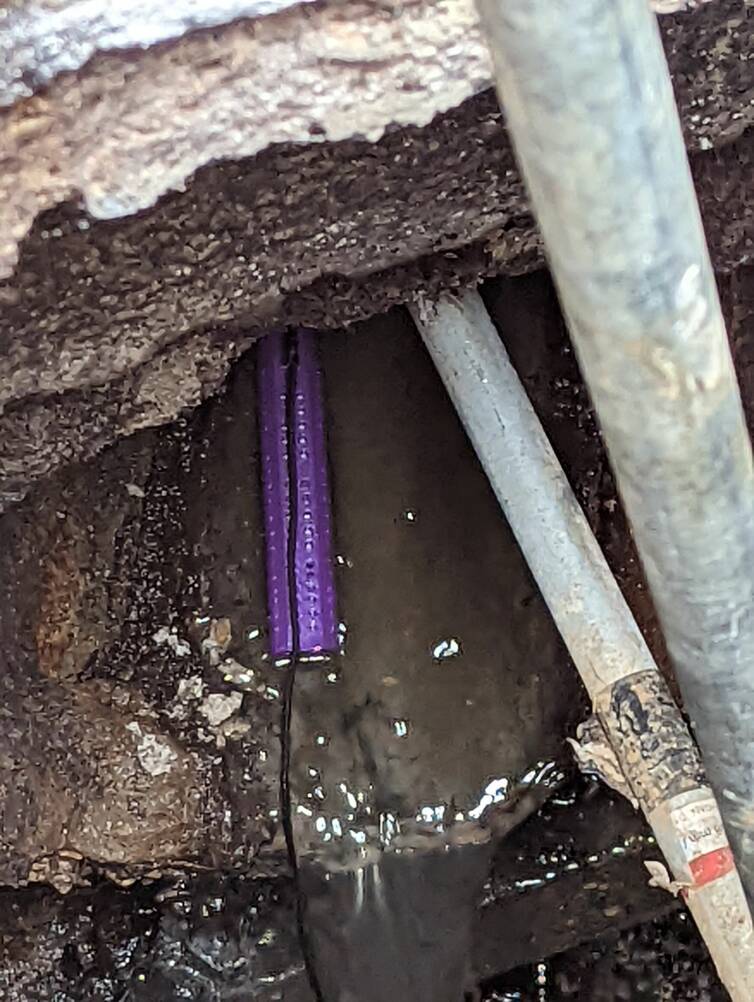 Foto van een paarse passive sampler die aan zwart touw met de punt stroomopwaarts in een huisaansluiting van het riool ligt,