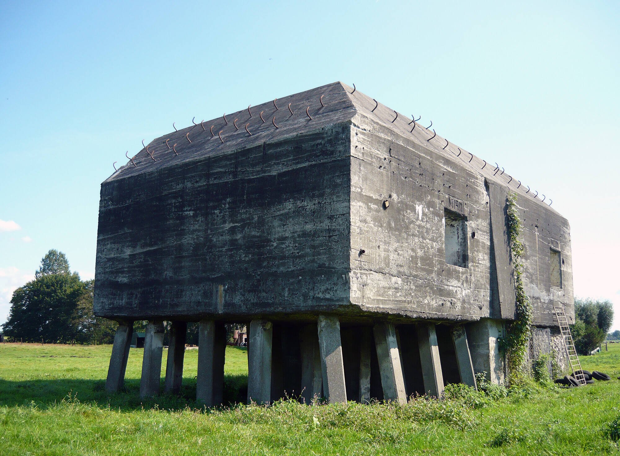 Foto van een bunker bij Maarssen. De fundamenten van de bunker zijn 
zichtbaar geworden door verzakking van het veen.