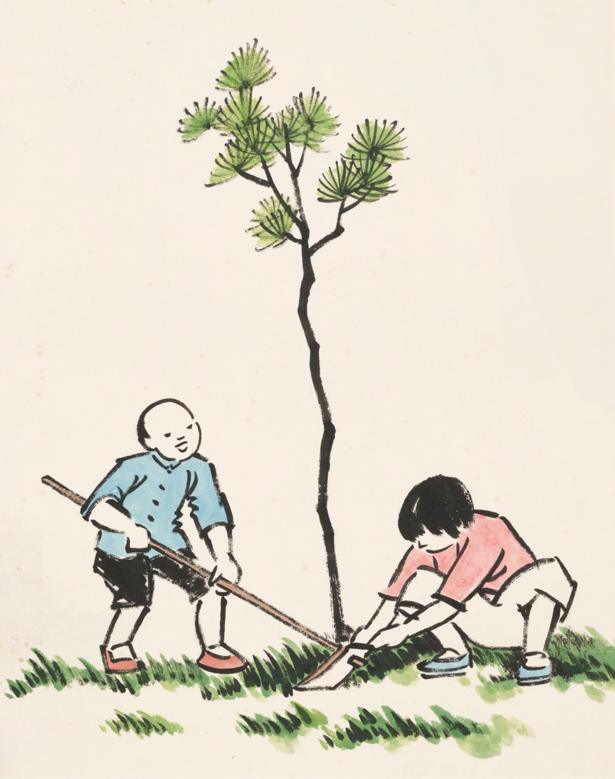 Chinese illustratie van twee mensen die een boom planten