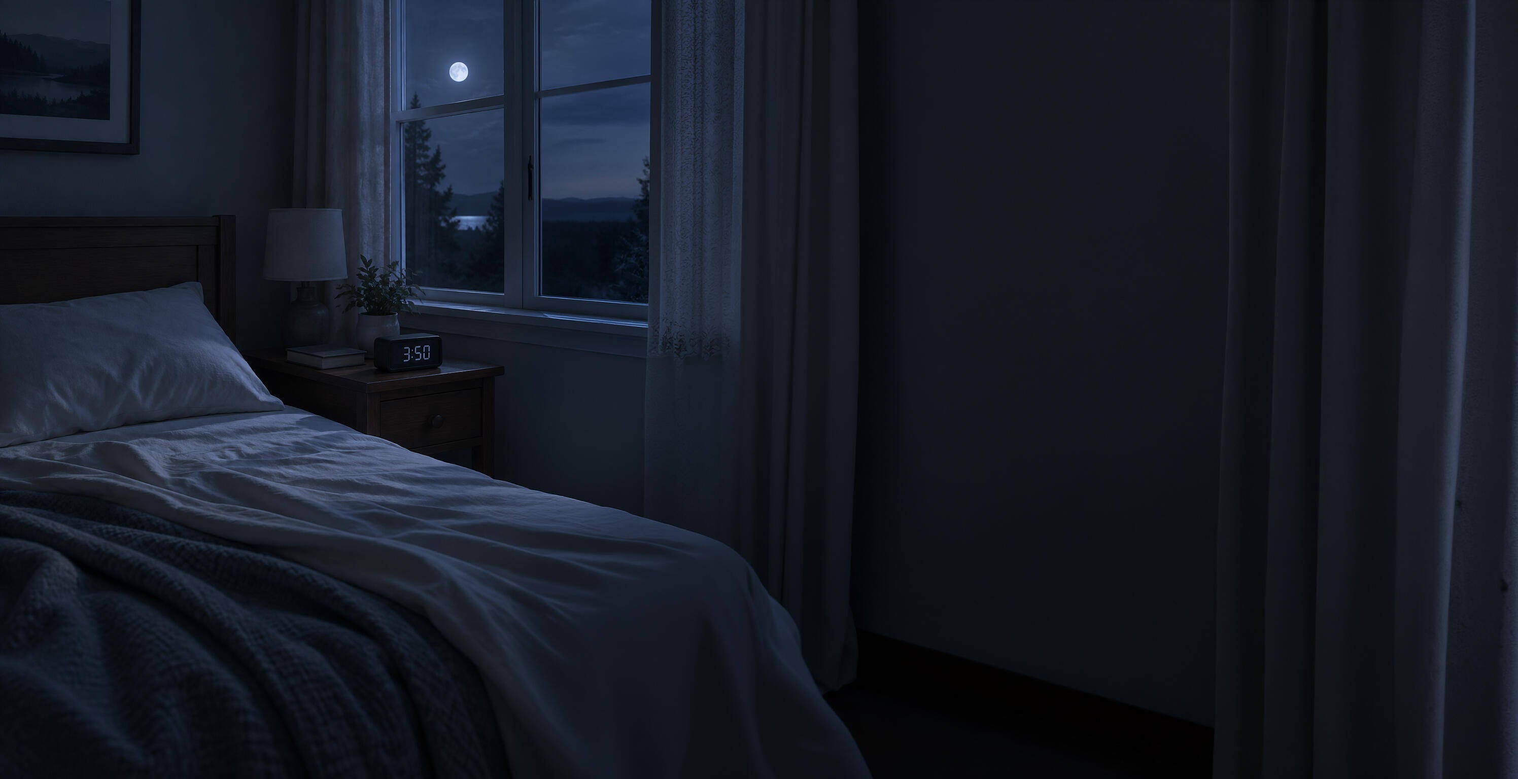 Fotorealistische illustratie van een door de maan verlichte slaapkamer met een klok die 3:50 uur toont.