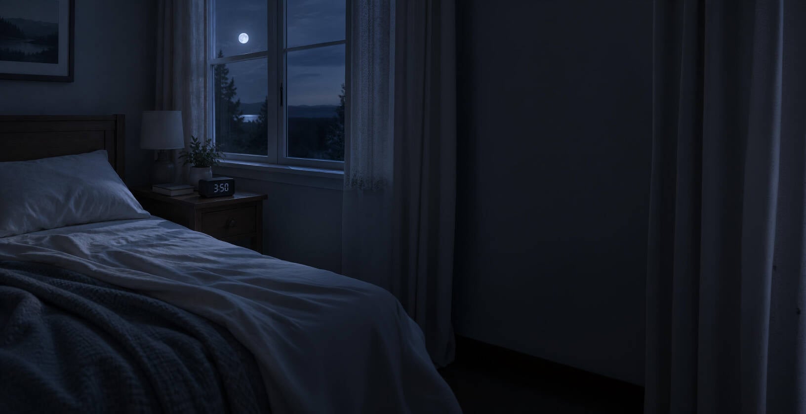 Fotorealistische illustratie van een door de maan verlichte slaapkamer met een klok die 3:50 uur toont.
