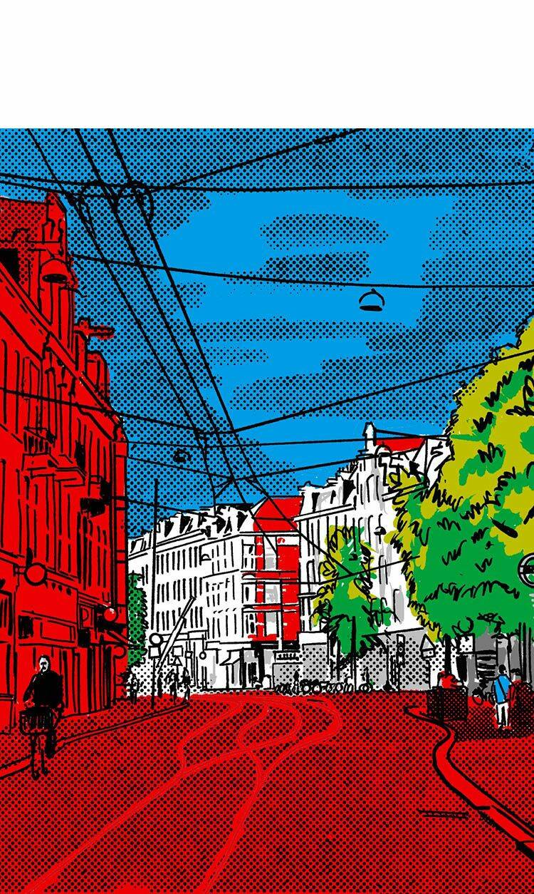 lllustratie van de Ferdinand Bolstraat in rood, groen, blauw, wit en zwart. Fietsers, voetgangers, bomen en het doorkijkje naar een knik verderop in de straat vallen extra op.