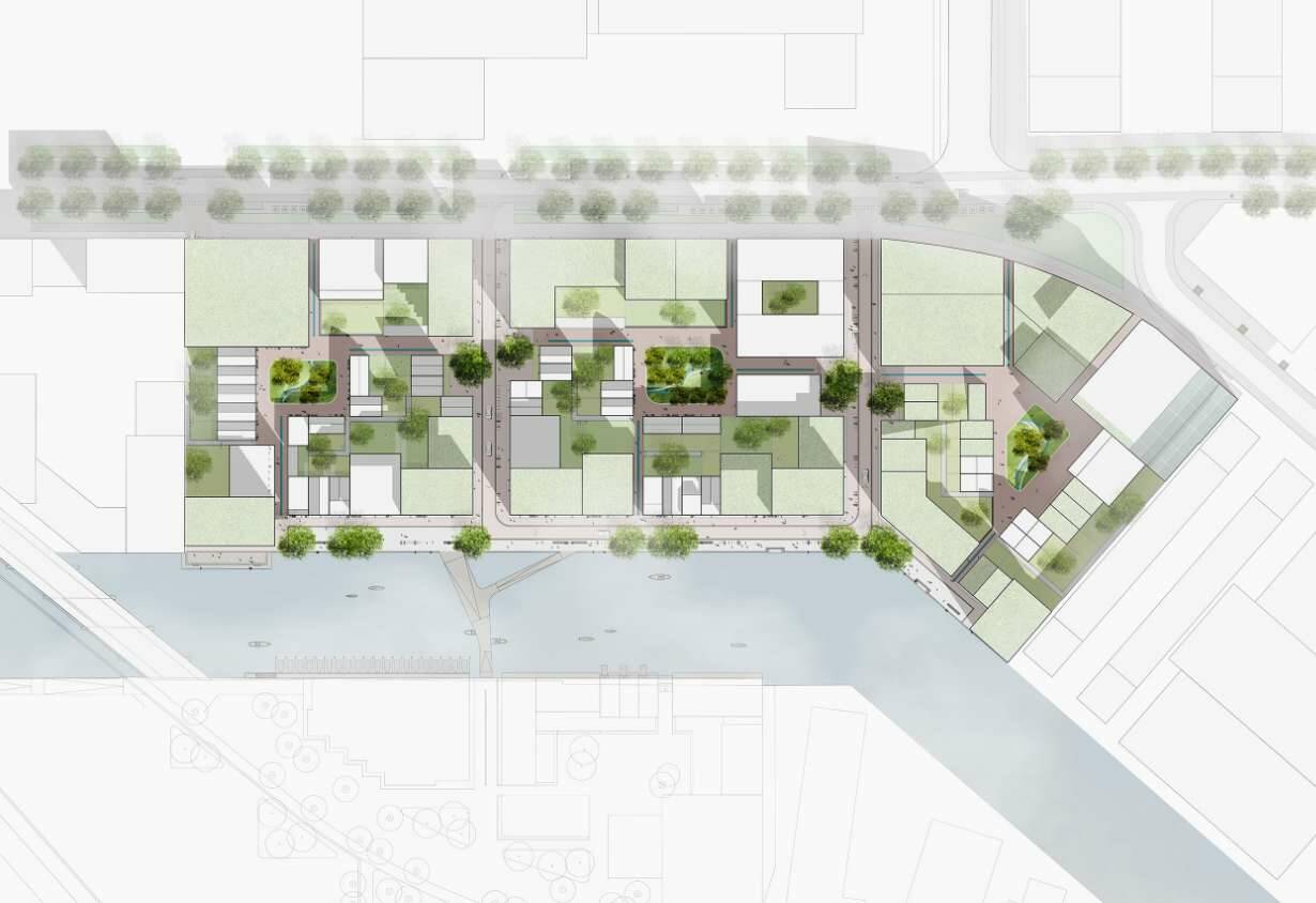 Getekend bovenaanzicht van Cityplot Buiksloterham, waarop de drie plots met groene binnenpleinen duidelijk te zien zijn