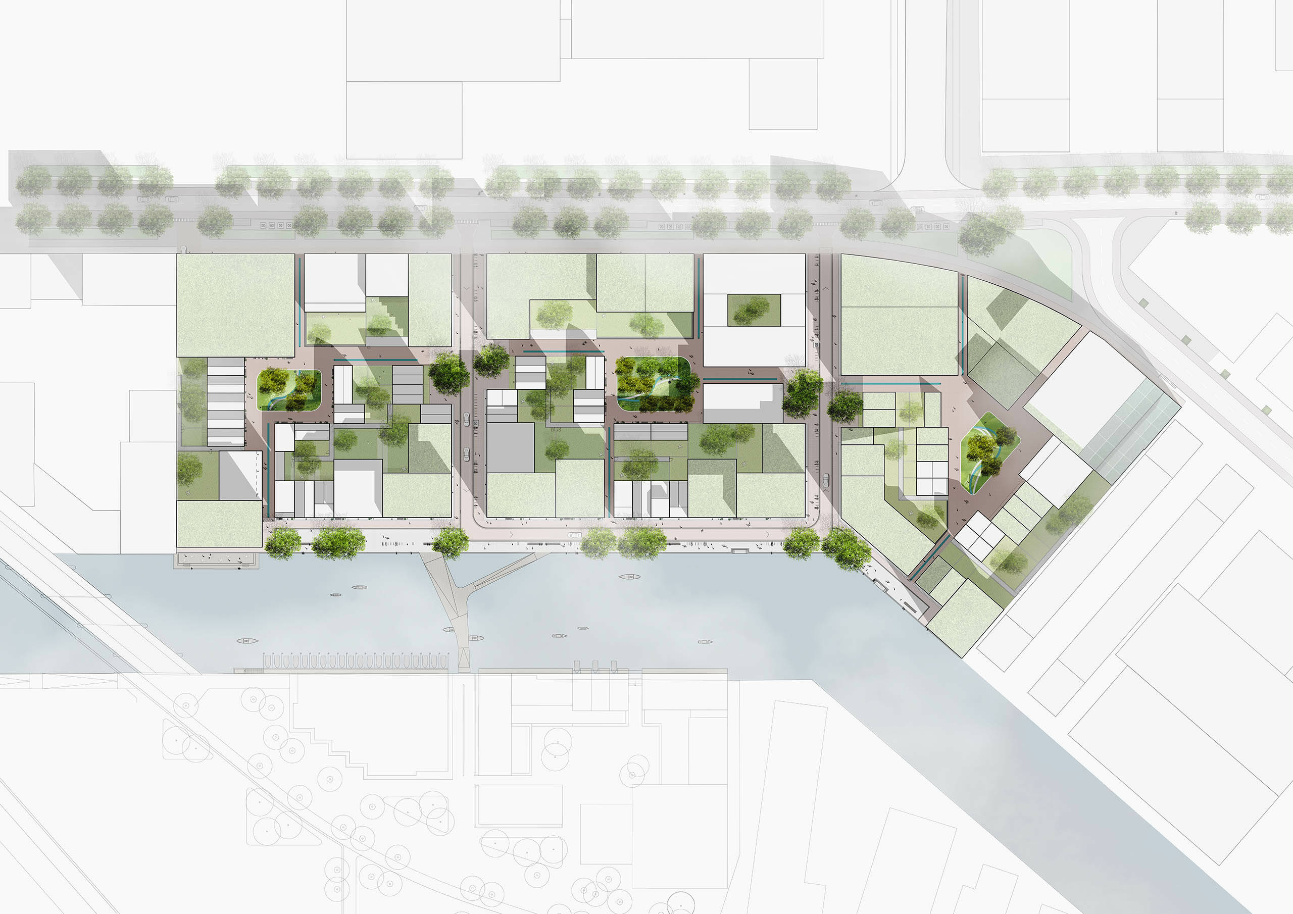 Getekend bovenaanzicht van Cityplot Buiksloterham, waarop de drie plots met groene binnenpleinen duidelijk te zien zijn