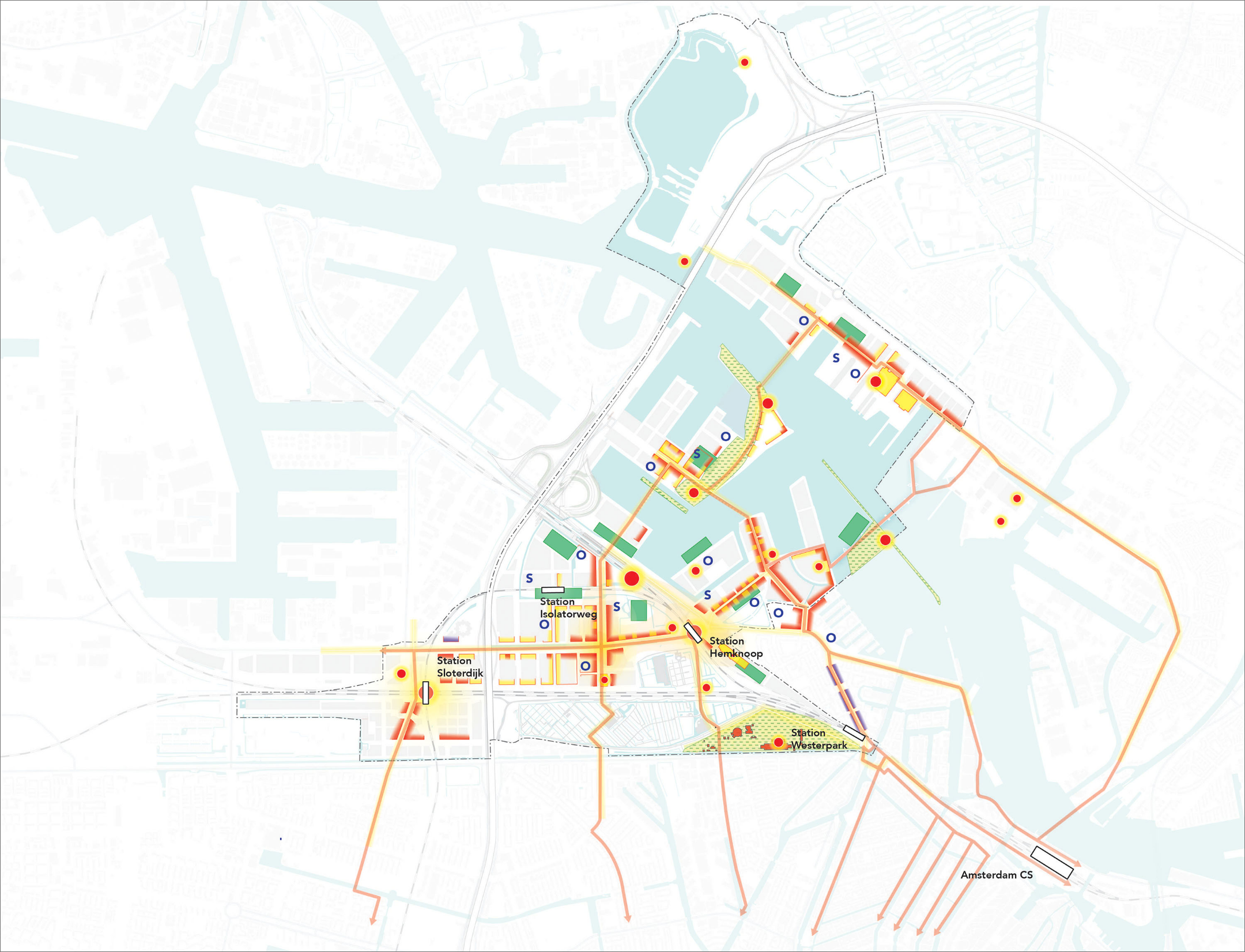Kaart die laat zien hoe in Haven-Stad de ooghoogteprincipes terugkomen, met verschillende knikken en onderbrekingen in de doorlopende routes.