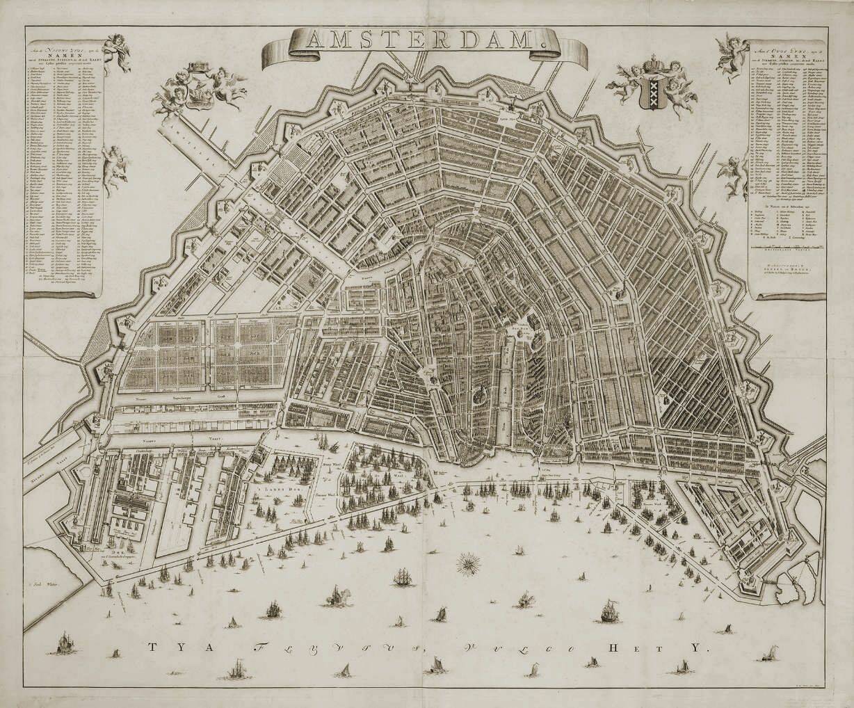 Kaart van Amsterdam uit 1724, met de drie wagenpleinen