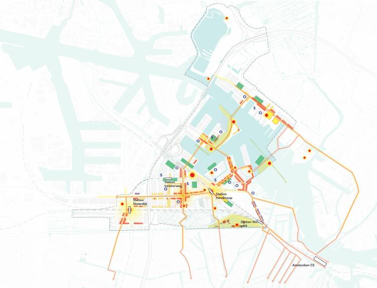 Kaart die laat zien hoe in Haven-Stad de ooghoogteprincipes terugkomen, met verschillende knikken en onderbrekingen in de doorlopende routes.