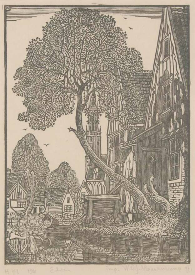 Ets van kunstenaar W.O.J. Nieuwenkamp (1874-1950), met huizen aan riviertje en kerktoren in de verte