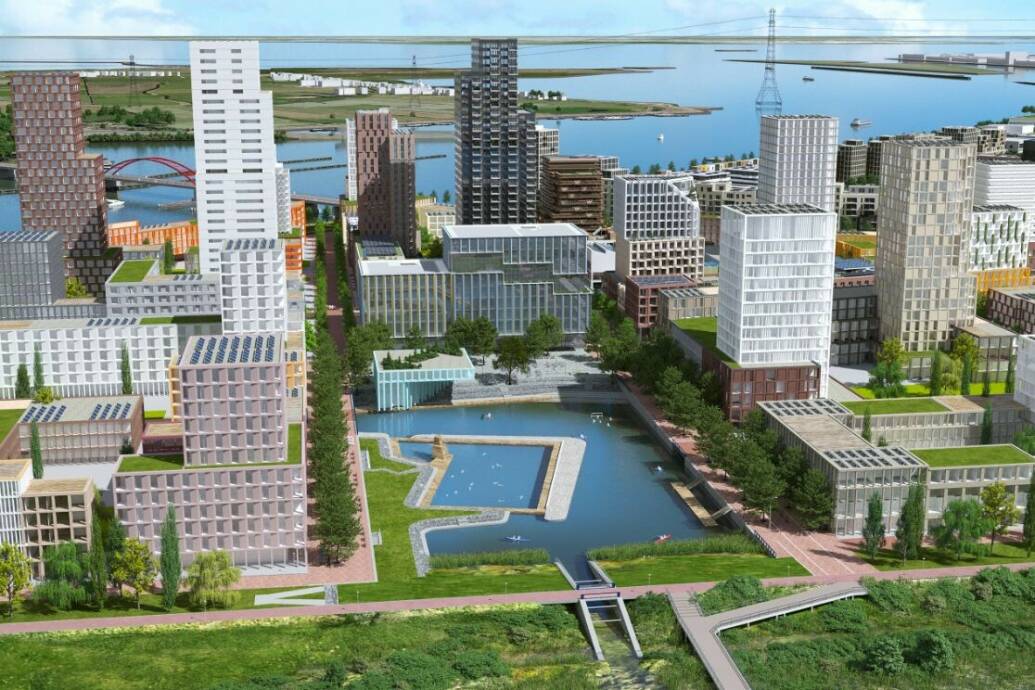 impressie Sluisbuurt 2030, Waterplein met gebouw van Inholland, cepezed, en toren Justus, Architecten Cie
