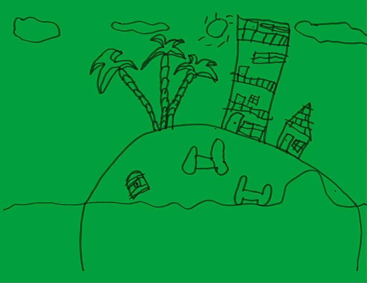 Kleurige kindertekening van een kaart met een straat, huizen en tuinen, een bos, een zwembad en een ‘ministrand’ met parasolletjes