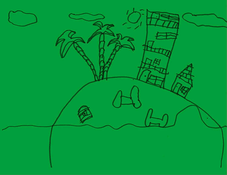 Kid's drawing of an island with palm tree