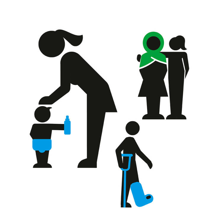 Illustratie Eva met kind en Adam met een gebroken been