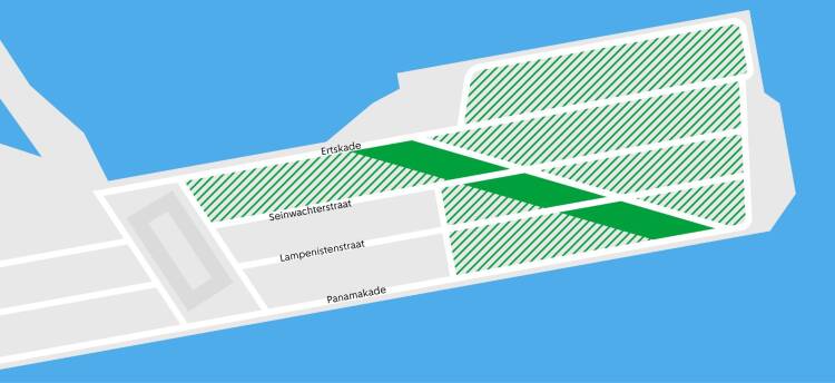 Plattegrond van Sporenburg. Het deel van Sporenburg dat meedoet in deze pilot is groen gemarkeerd (Ertskade, Seinwachterstraat, Lampenistenstraat, Panamakade). Bron: sporenburg.flexcitizen.nl