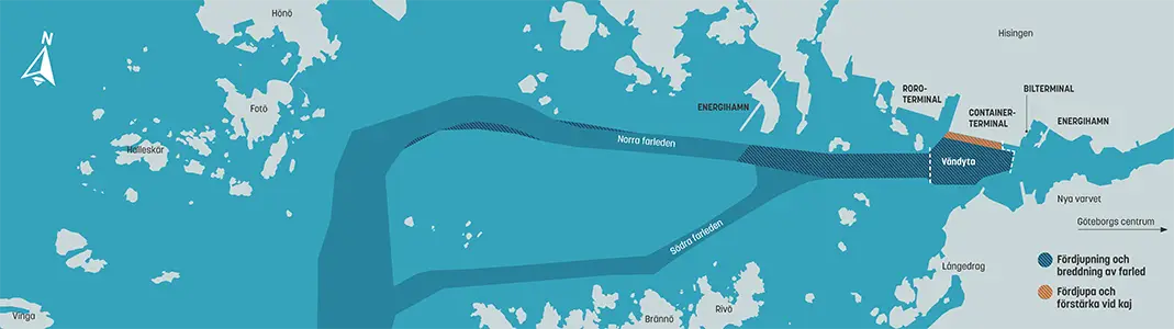 Grafisk karta över farleden in till Göteborgs Hamn.