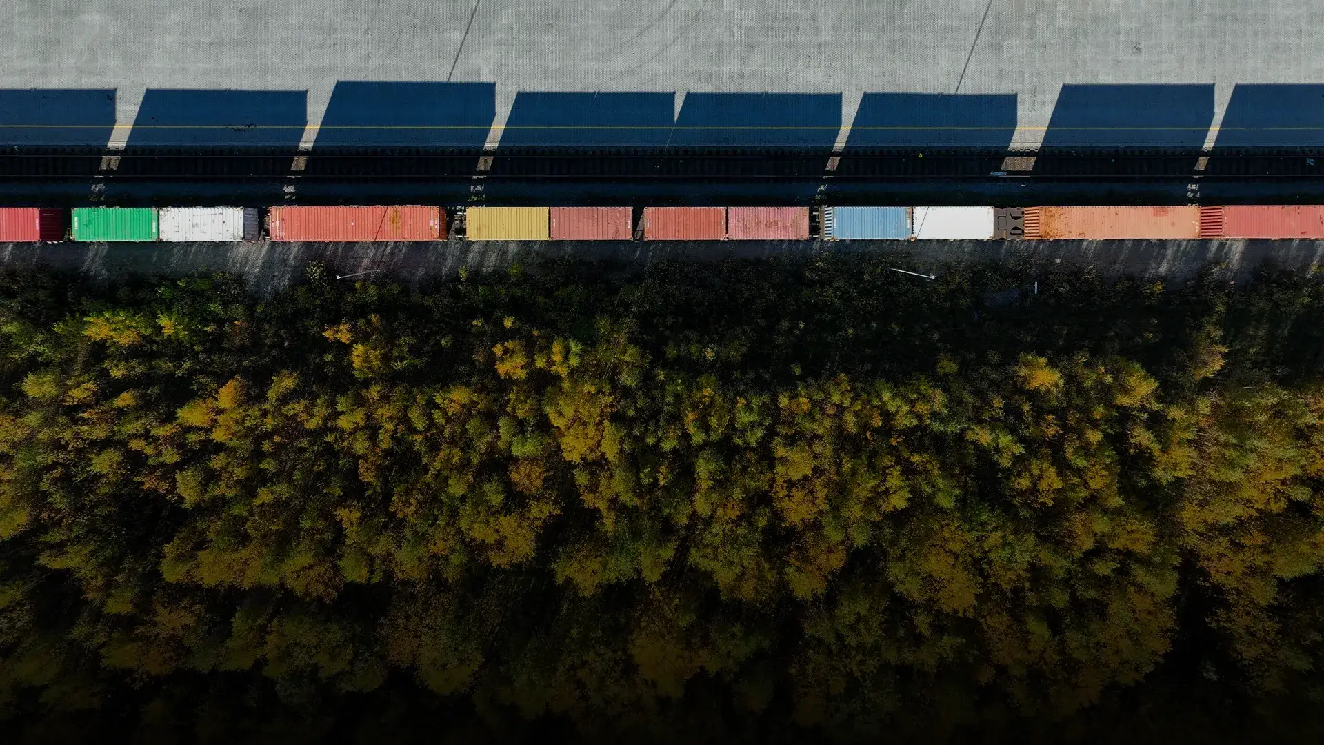 Aerial view of a container train at the multimodal terminal in Hallsberg.