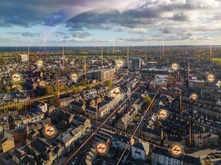 city with electricity icons to help visualize virtual power plants