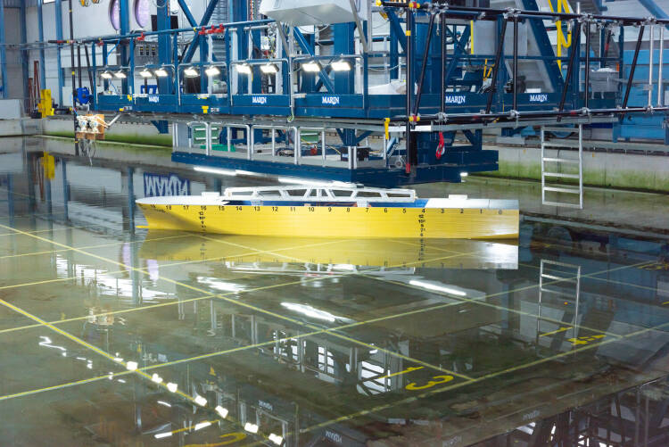 Manxman model in the Offshore Basin during captive model tests.