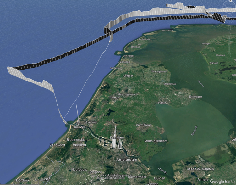 Figure 4. Route of a general cargo ship near the Dutch Coast. The Z axis of the plotted trajectory corresponds to the shaft generator power level, giving insight into the use of power during the voyage.