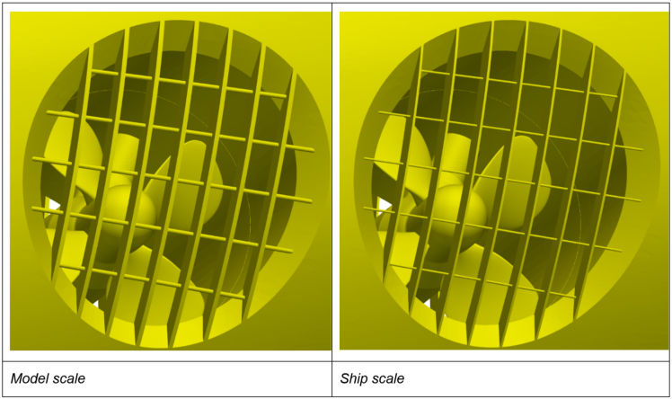 Figure 4. Comparison of thruster grid thickness between model-scale (left figure) and full-scale (right figure).