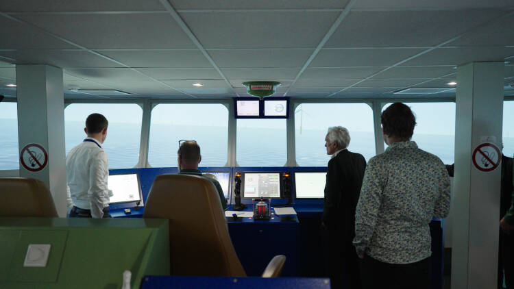 The crew at the full mission bridge simulator as part of the Crew Centered Design approach.