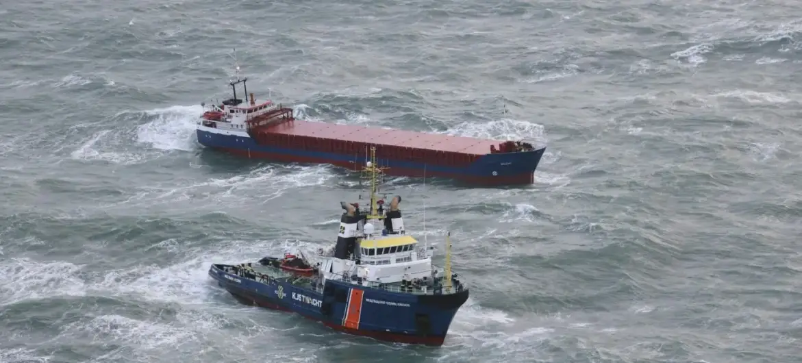 Figure 1. MV Valday receives assistance from the ERTV Multraship Commander on December 6th 2024 after losing power and anchors (Picture Dutch Coastguard).