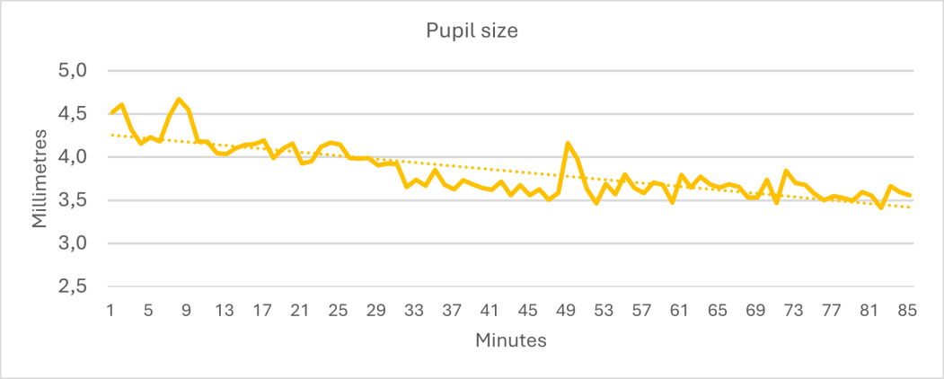 Simulation displaying pupil size, indicating decreases in cognitive demand over time.