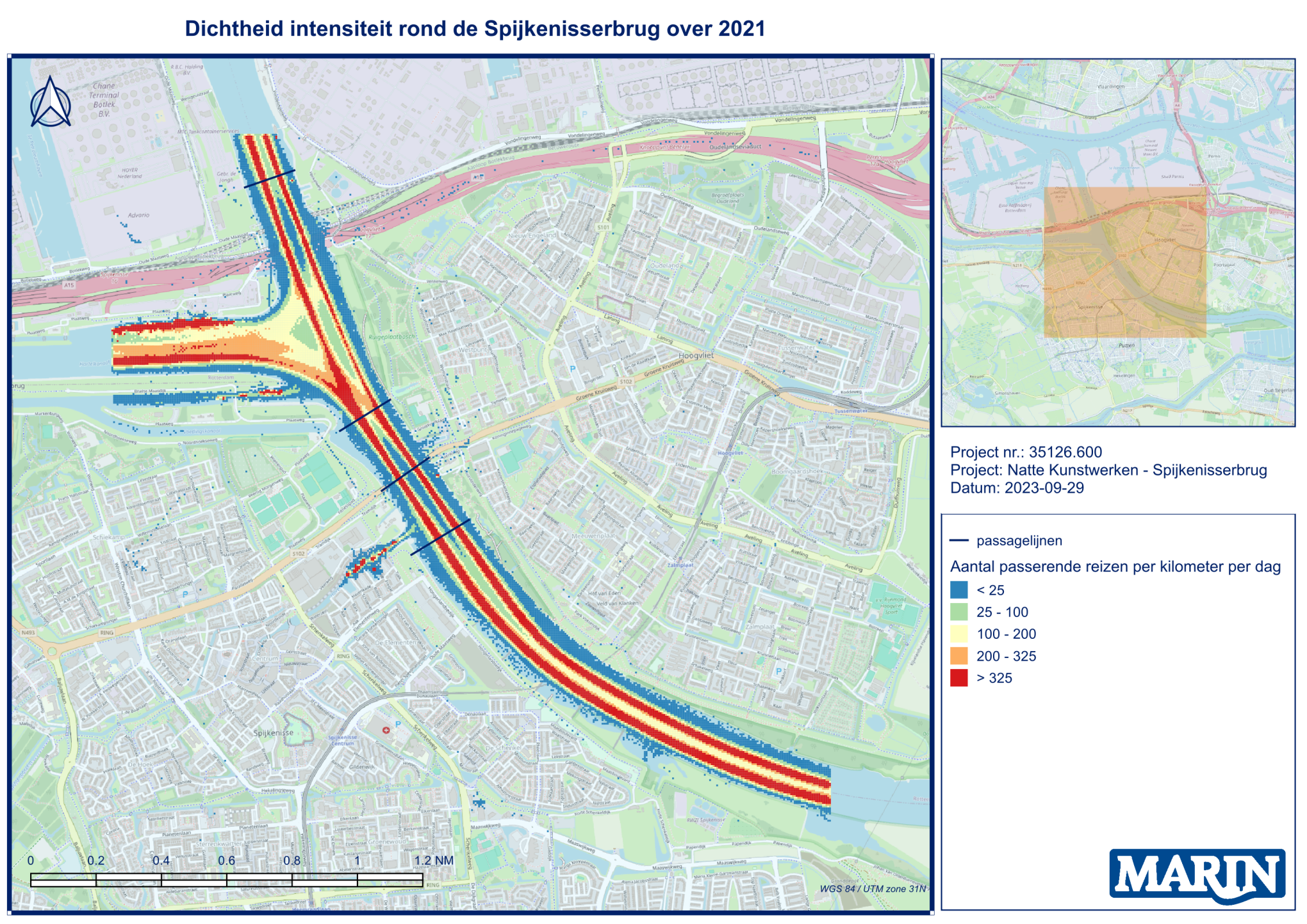Traffic density around the Spijkenisser Bridge in 2021. Number of passing vessels per km per day.