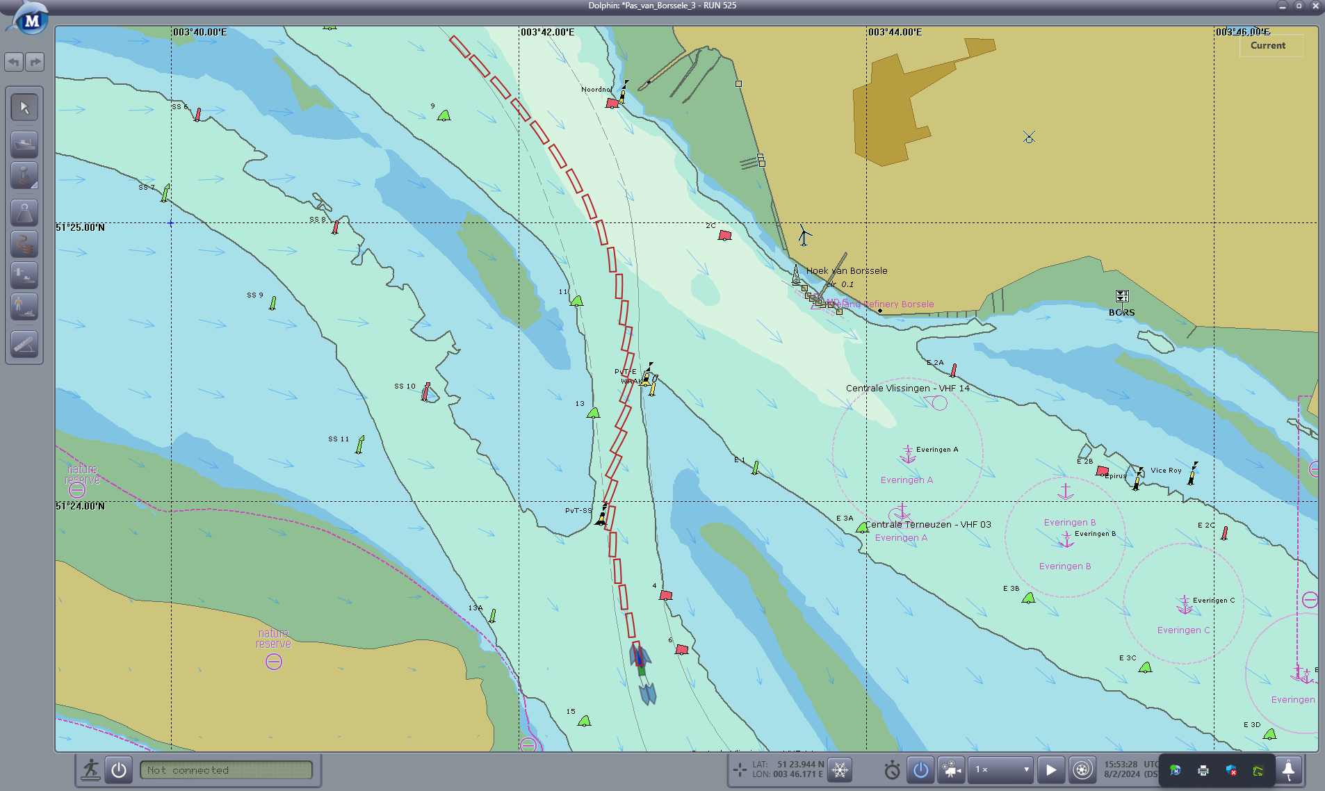 Example of a researched trajectory, clearly showing the influence of the cross-current through the Pas van Borssele.