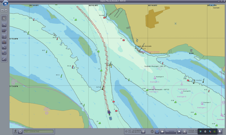 Example of a researched trajectory, clearly showing the influence of the cross-current through the Pas van Borssele.