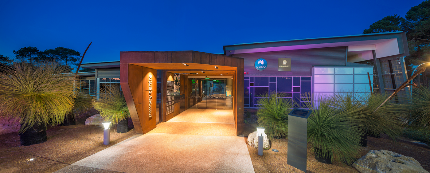 The front of the Pawsey Super Computer Centre at night time with lights
