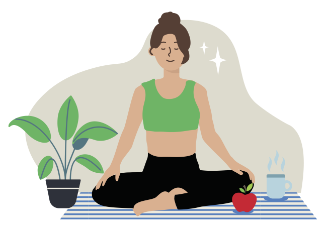 Illustratie van een jonge vrouw die op een yogamatje in zit in kleermakerszit