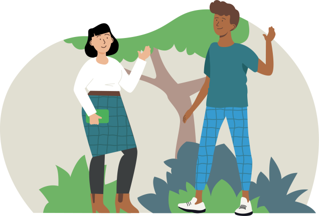 Illustratie van twee jonge mensen die door een park lopen