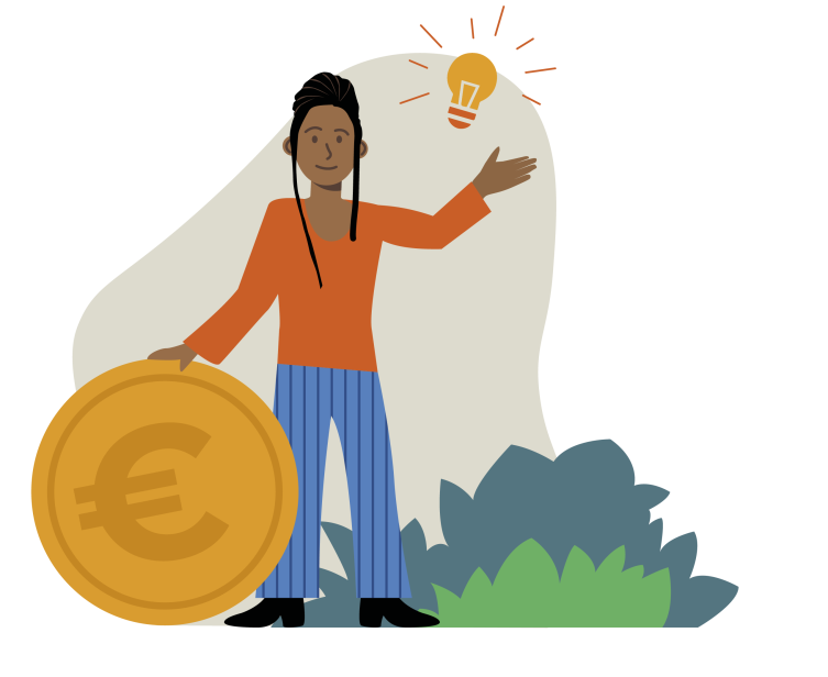 Illustratie van een jonge vrouw met een grote euromunt