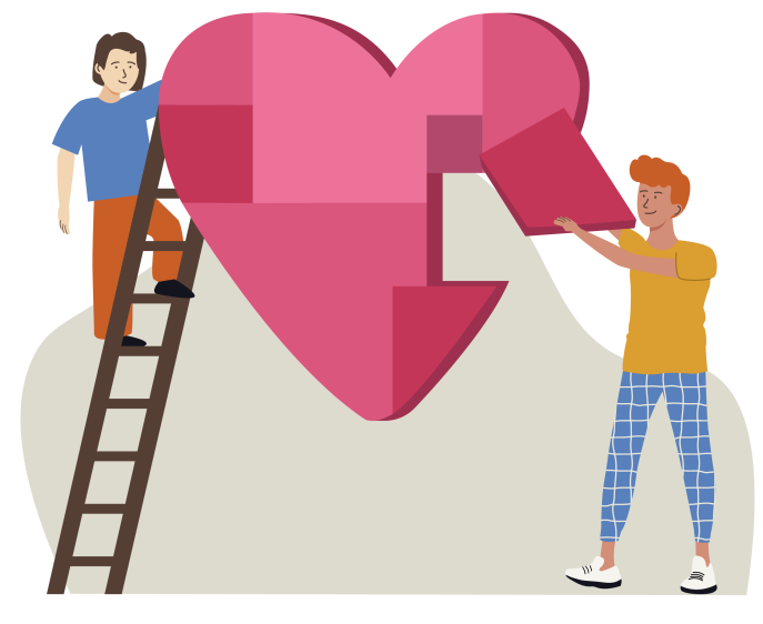 Illustratie van twee jonge mannen die met puzzelstukje een groot hart maken