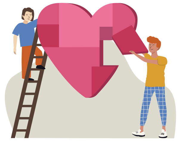 Illustratie van twee jonge mannen die met puzzelstukje een groot hart maken