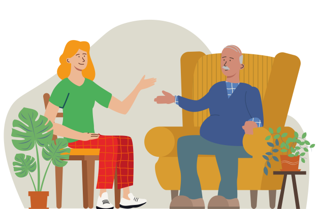 Illustratie van een jongere zorgmedewerker die op bezoek is bij een oudere meneer thuis.