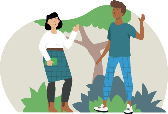 Illustratie van twee jonge mensen die door een park lopen