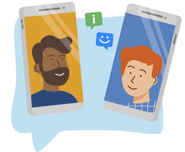 Illustratie van twee mobiele telefoons waarop twee jonge mannen een videogesprek voeren