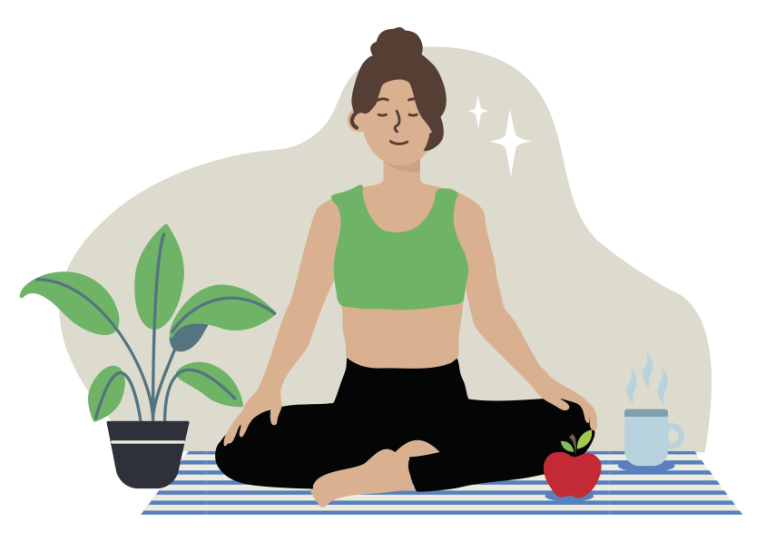 Illustratie van een jonge vrouw die op een yogamatje in zit in kleermakerszit