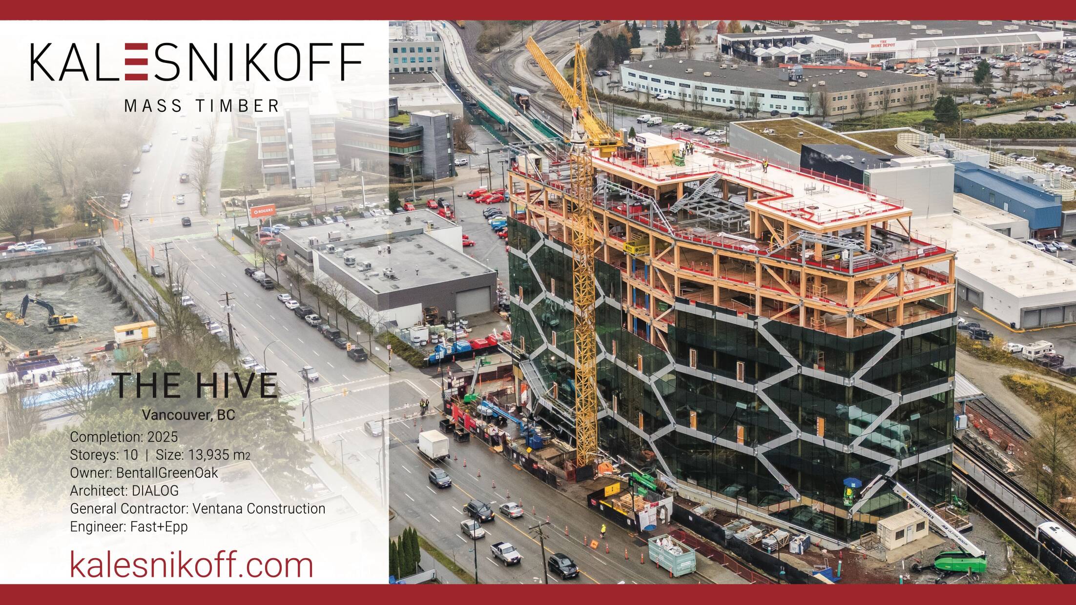 Ad for Kalesnikoff mass timber showing the hive building in Vancouver BC