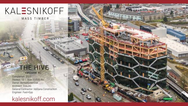 Ad for Kalesnikoff mass timber showing the hive building in Vancouver BC