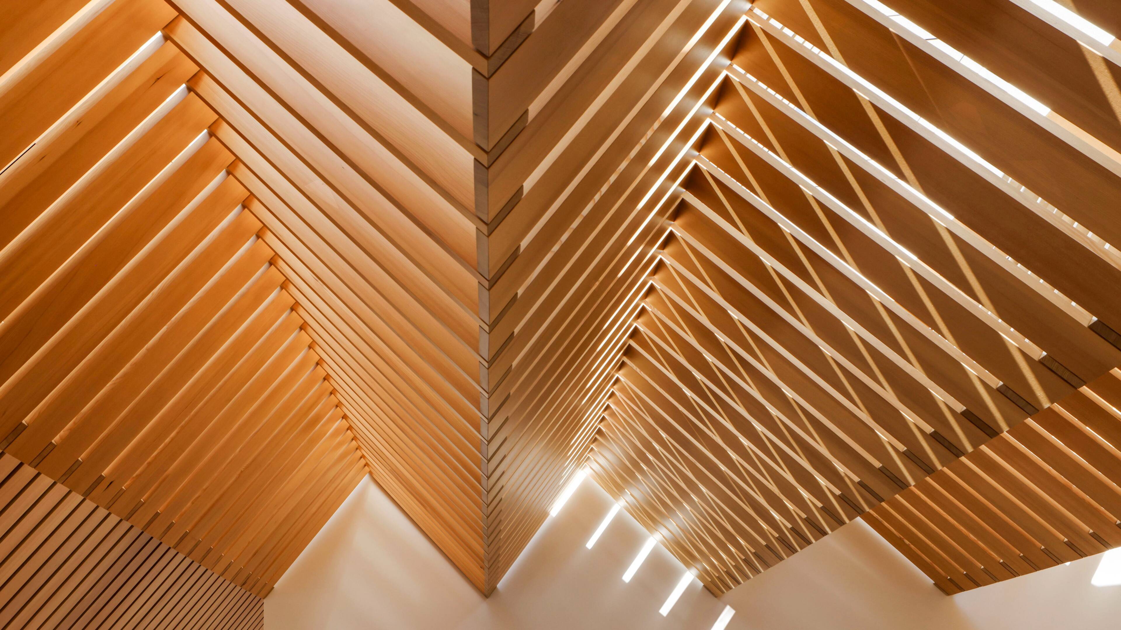 A ceiling of openwork wood from below