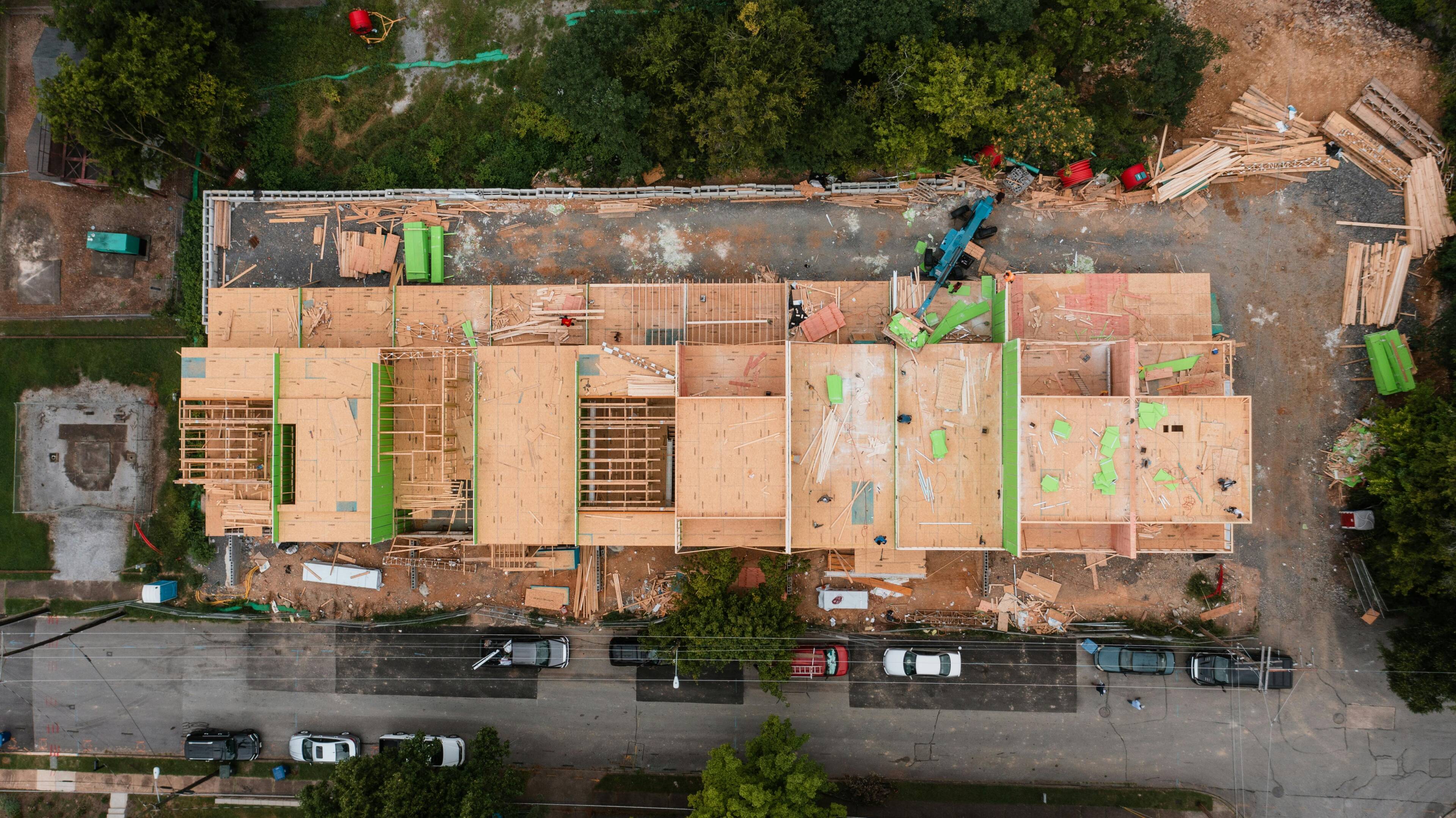 Aerial view of a wooden building under construction