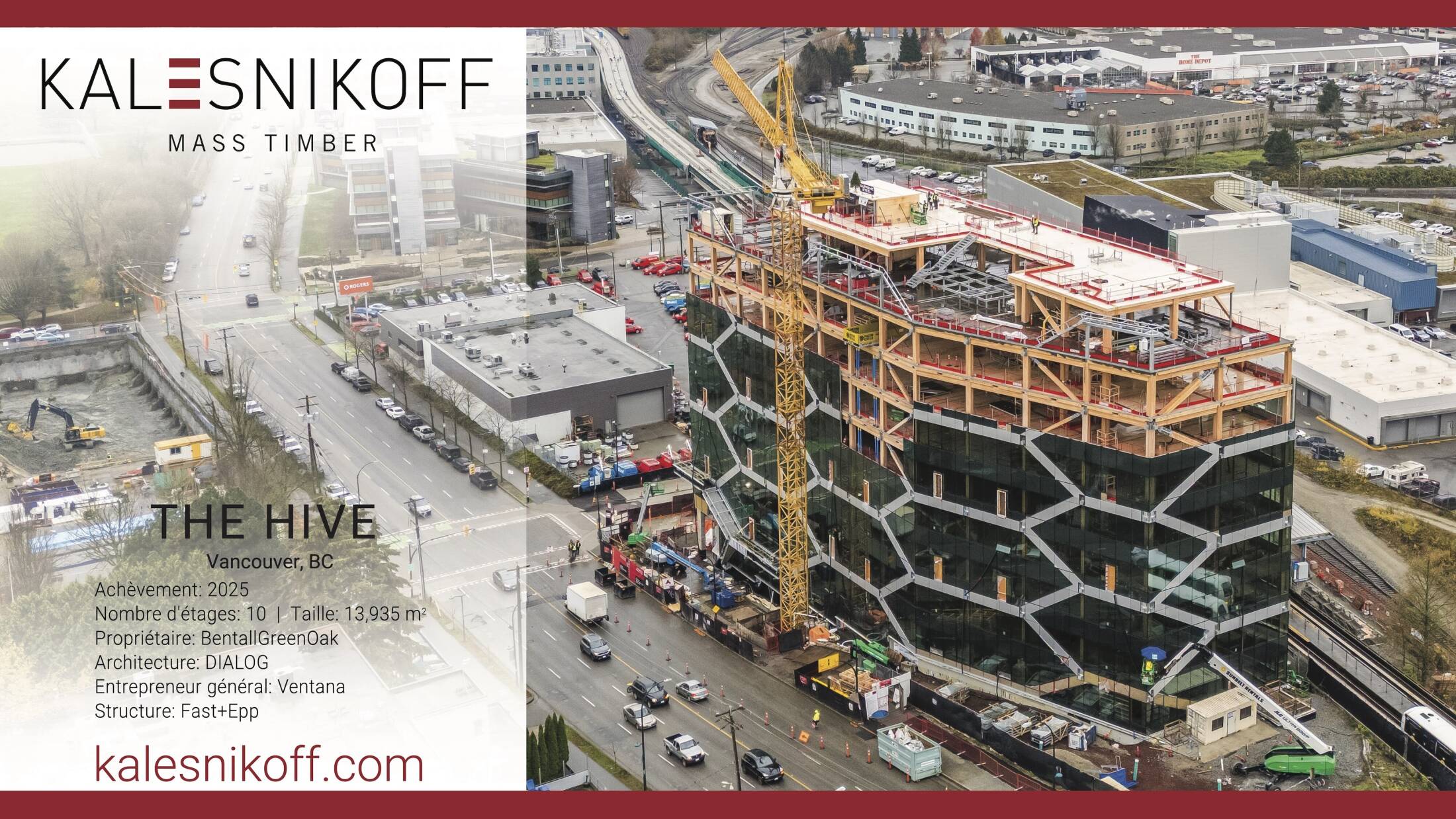 Ad for Kalesnikoff mass timber showing the hive building in Vancouver BC