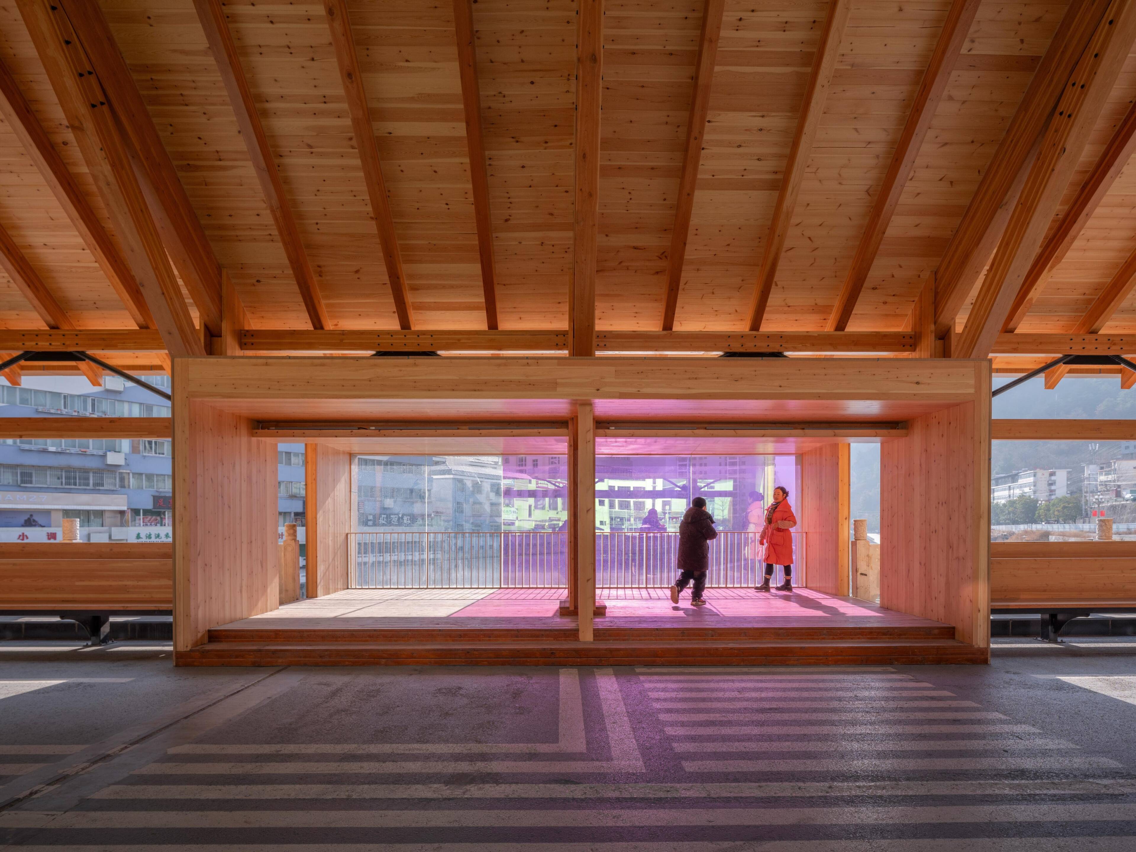 A ceiling of openwork wood from below